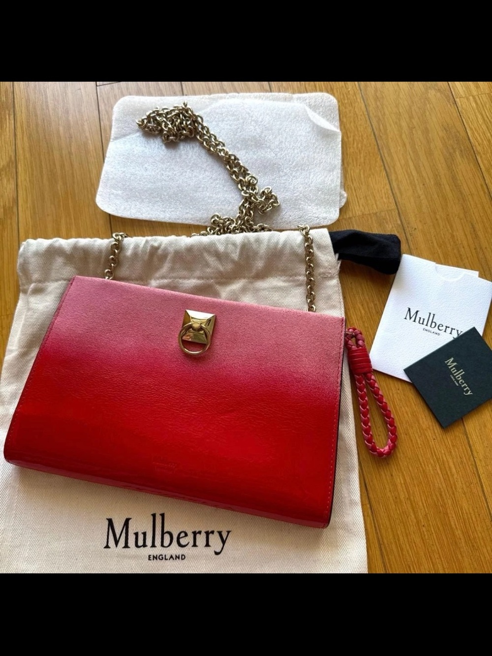 Mulberry Red Leather Shoulder Bag with Gold Chain Strap